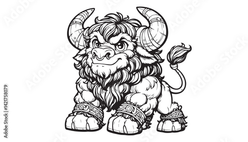 Vector illustration of cartoon bull black and white drawing For children to learn to color according to the picture.