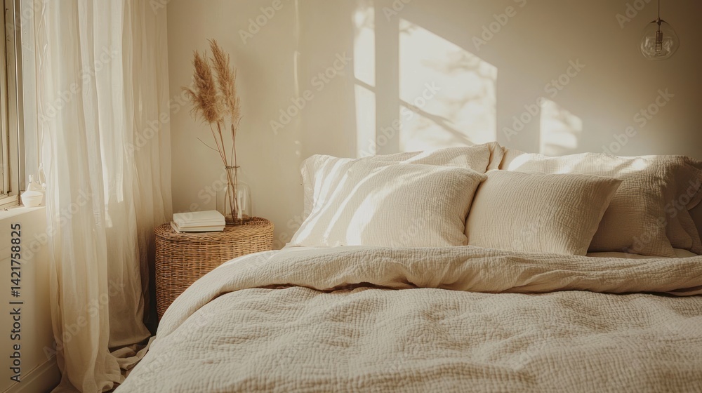 Obraz premium A serene bedroom with soft textures and a minimalist design