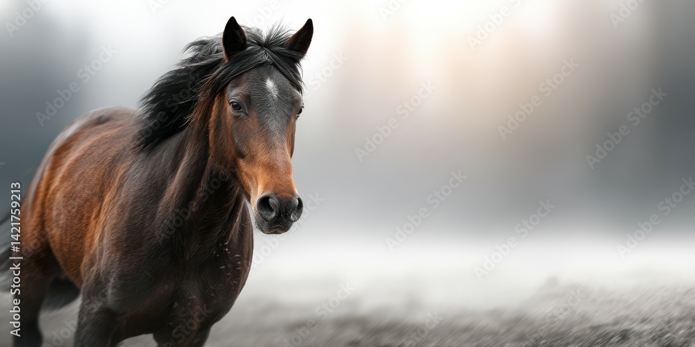 Obraz premium Majestic horse running through the mist at dawn in an open field
