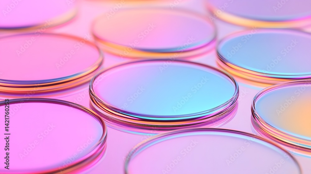 Sleek Holographic Gradient Reflections on Floating Transparent Discs in Futuristic Style