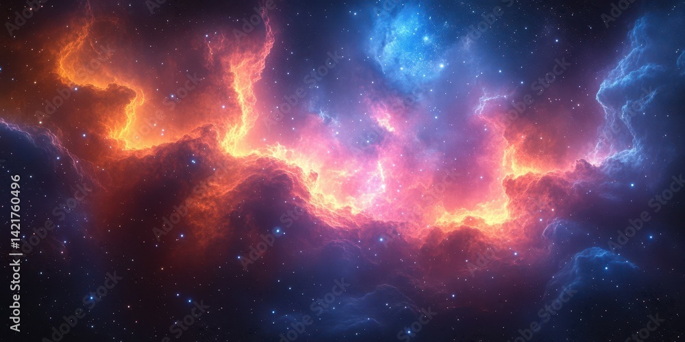 Naklejka premium Stunning cosmic nebula showcasing vibrant colors amidst distant stars in a vast universe of mystery