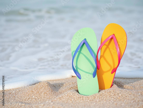 Obraz na płótnie AI-generated image of colorful flip-flops placed on soft sandy beach near turquoise ocean water, under bright summer sunlight. Perfect for vacation, travel, and beach lifestyle themes. w salonie