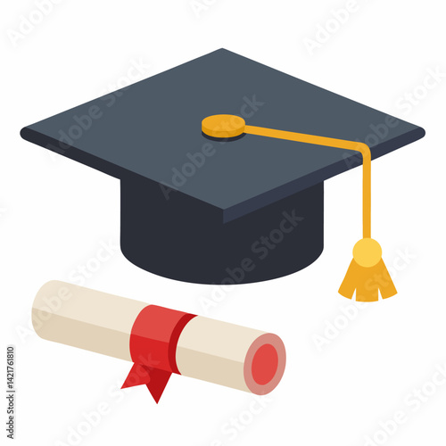 Graduation hat and diploma vector on white background.