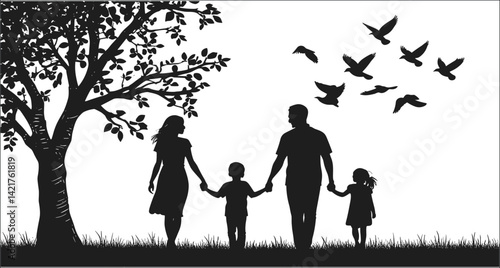 Silhouette Family Walking Nature Birds Graphic Black And White Illustration Vector