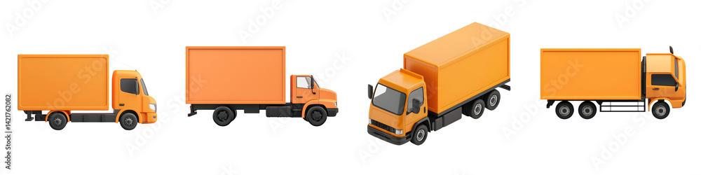 Fototapeta premium A fleet of orange delivery trucks in various sizes. long_title:A collection of different sized orange cargo trucks and delivery vans, depicting a