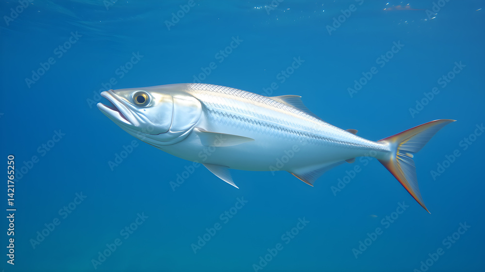 Silver Atlantic herring fish swimming in clear sea water Generative AI Silver Atlantic herring fish swimming in clear sea water Generative AI