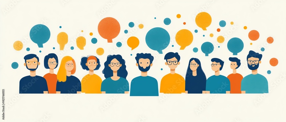 marketing research focus group in flat design, people in a discussion about business promotion, analyzing buyer feedback and strategies in a clean, webfriendly illustration