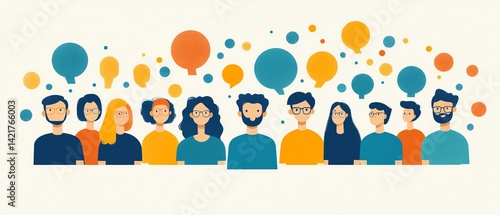 marketing research focus group in flat design, people in a discussion about business promotion, analyzing buyer feedback and strategies in a clean, webfriendly illustration