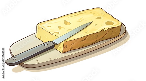 Professional Line Drawing of Cartoon Butter and Knife - Vector Illustration
