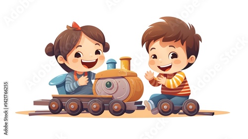 Child having fun with plastic toy train, entertainment for kids