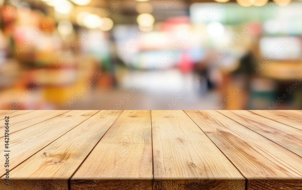 Wooden tabletop over blurred marketplace Wooden tabletop over blurred marketplace