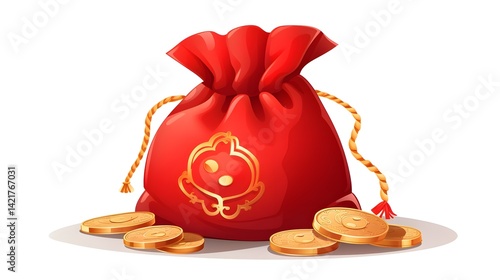 Elegant Red Bag Vector with Abundance of Chinese Currency, Finance Theme Illustration