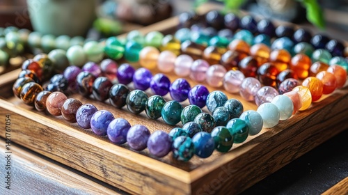 A colorful set of healing crystal bracelets displayed on a wooden tray