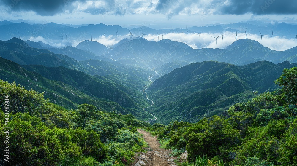 A vast expanse of wind turbines, their blades slicing through the azure sky, forming an intricate tapestry of green energy A vast expanse of wind turbines, their blades slicing through the azure sky, forming an intricate tapestry of green energy