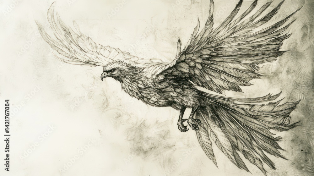 Obraz premium A detailed pencil drawing of a phoenix in flight