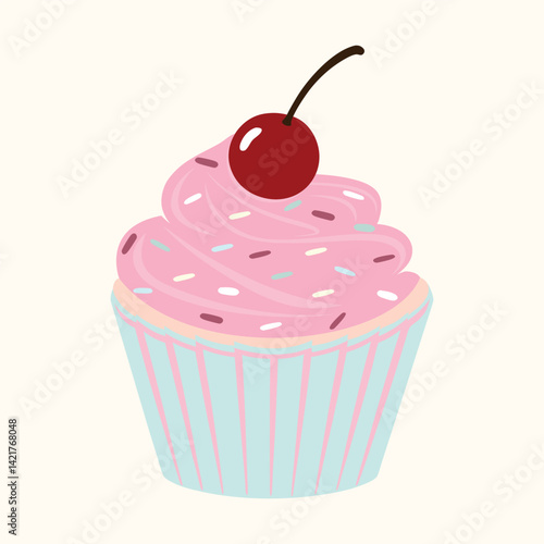 cupcake with pink icing and cherry vector illustration