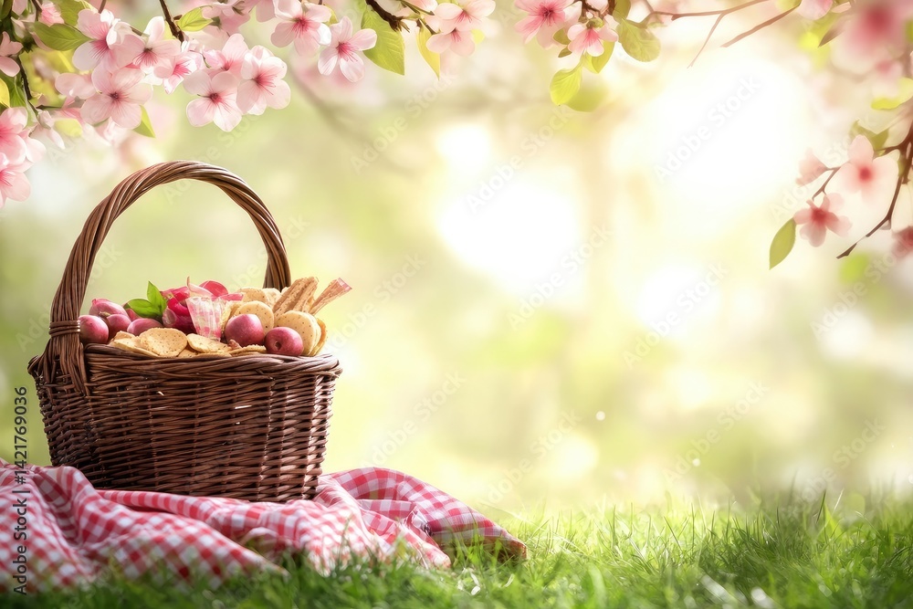 Picnic basket under blooming trees Picnic basket under blooming trees