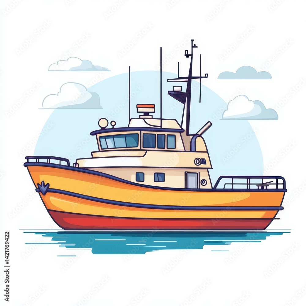 Brightly colored fishing boat on calm waters under a clear sky with clouds Brightly colored fishing boat on calm waters under a clear sky with clouds