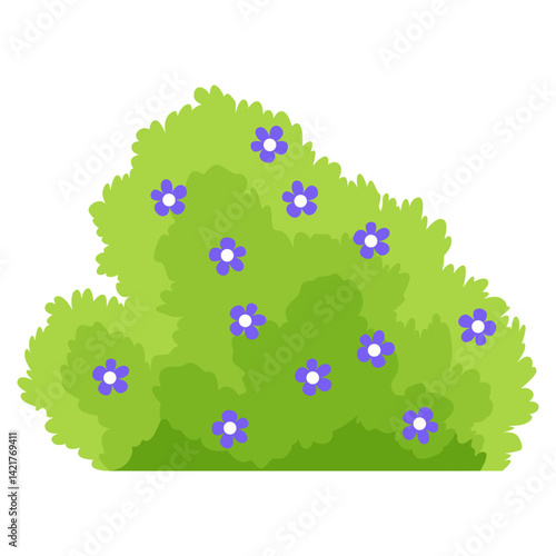 Bush with flowers icon. Cartoon forest and park shrubbery with floral elements. Landscape scene create element. Vector cartoon illustration