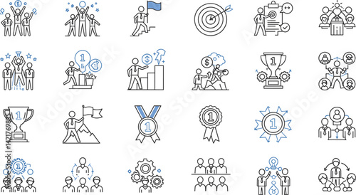 Doodle career icon set. Success winner, business goal, challenge hand drawn sketch line pen stroke style icon.