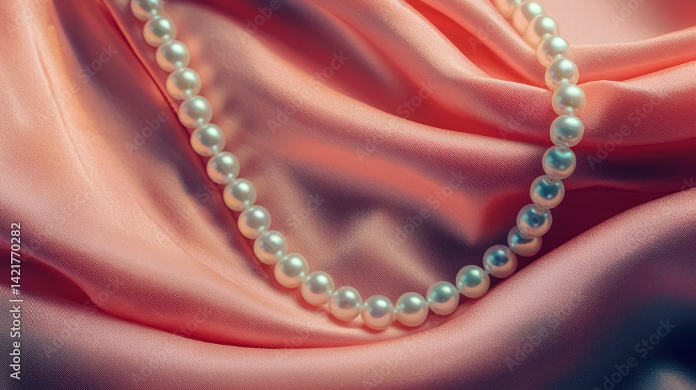 Fototapeta premium A classic pearl necklace draped over a silk cloth