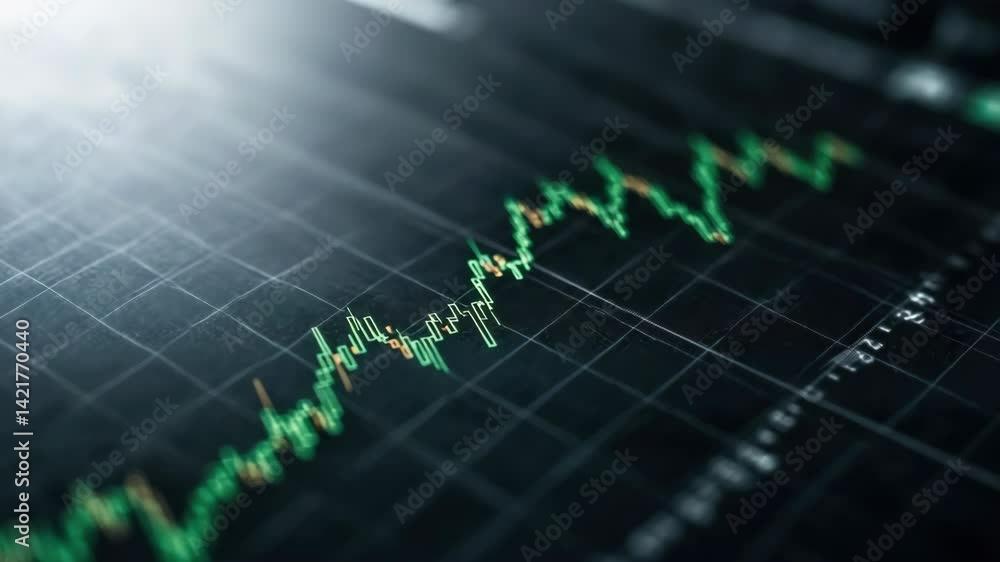 Financial chart data reveals market trends and fluctuations with green and orange lines. Financial chart data reveals market trends and fluctuations with green and orange lines.