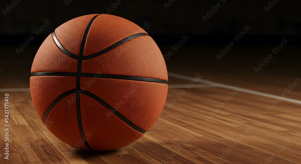 Obraz premium Basketball Still Life on a Wooden Court Floor with Dramatic Lighting