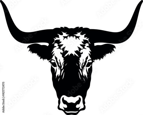 Black and White Bull Head Silhouette, Front Facing, Longhorns, Animal, Mascot, Wild