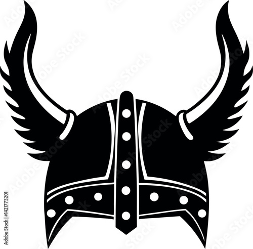 Black Silhouette of a Viking Helmet with Horns, Minimalist Design, Ancient Warrior