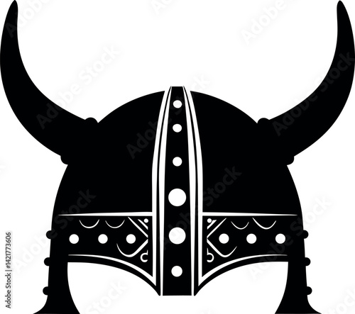 Black Silhouette of Viking Helmet with Horns, Ancient Warrior Headwear Emblem