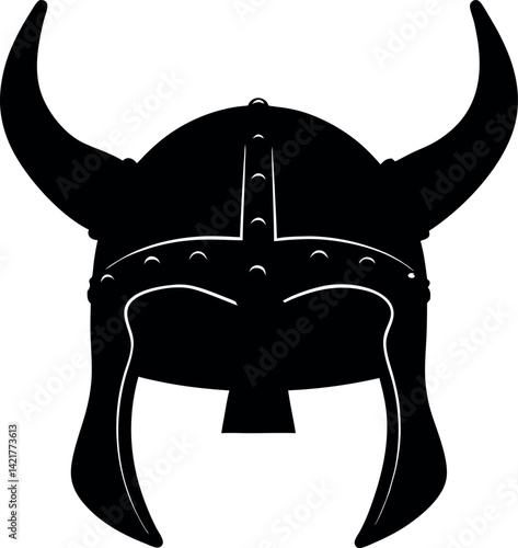 Black Silhouette of Viking Helmet with Horns on a White Background