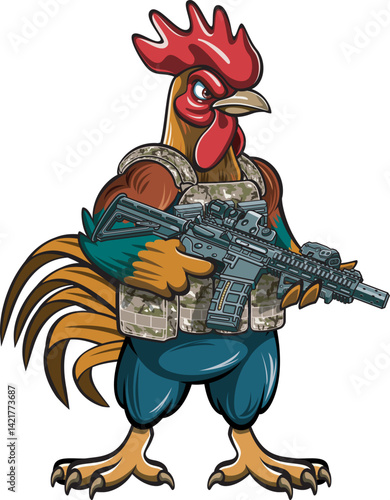 Cartoon style tactical rooster holding assault rifle