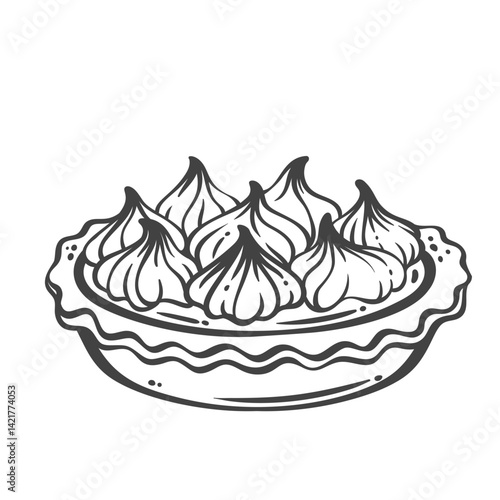 Lemon cream hand drawn tartlet with meringue on top. Outline sketch sweet small baked tart with citrus curd. French bakery dessert, cuisine of France mascot, traditional lemon pie vector illustration