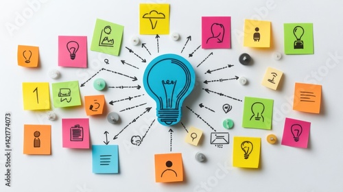 Strategy mind map highlighting path to success with icons and post-it notes