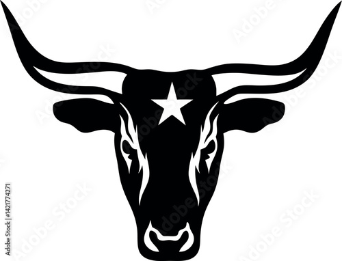 Bold Silhouette of Longhorn Steer Head with Star Texas Icon on Isolated White