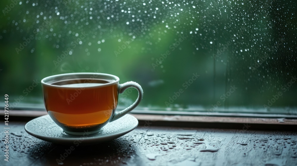 Obraz premium A cup of tea on a windowsill, with raindrops trickling down the glass