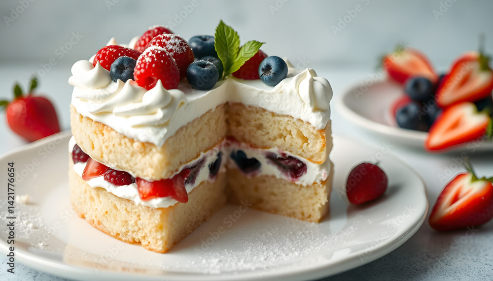 Angel food cake with whipped cream and berries, cinematic. White tone Angel food cake with whipped cream and berries, cinematic. White tone