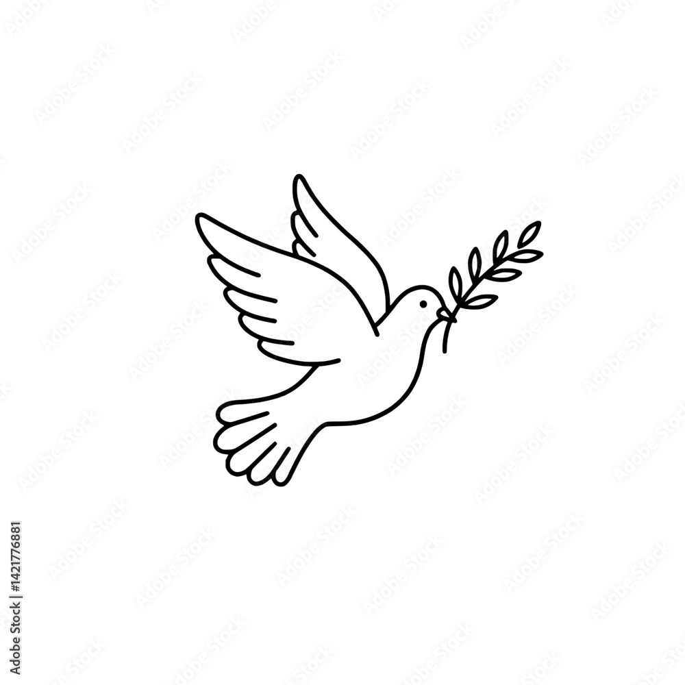Fototapeta premium Dove carrying olive branch icon in black line art style for peace and hope concepts