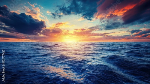 A deep sapphire blue ocean under a dramatic sunset sky
