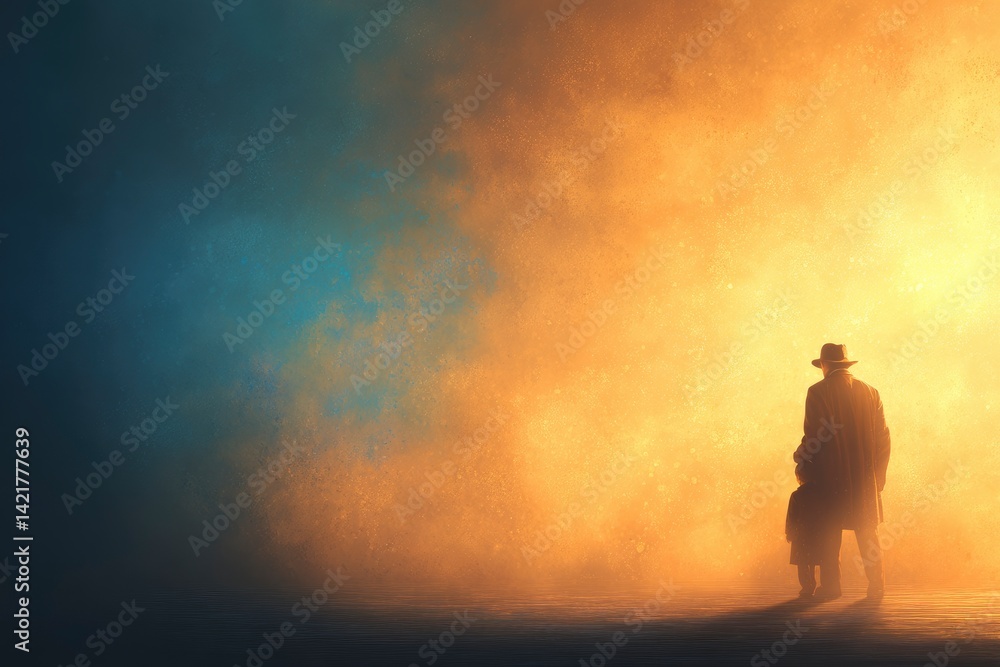 Fototapeta premium Person with Coat and Hat Walking in Fog