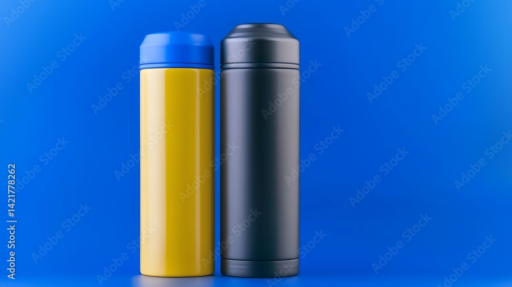 Two thermos bottles, yellow and black, on blue background, clean style Two thermos bottles, yellow and black, on blue background, clean style