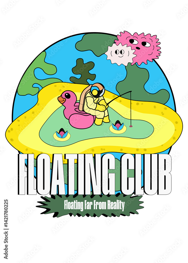 Obraz premium A surreal and playful design featuring an astronaut fishing on a floating island shaped like a rubber duck, drifting far above Earth. Perfect for dreamers, escapists, and anyone who enjoys quirky.