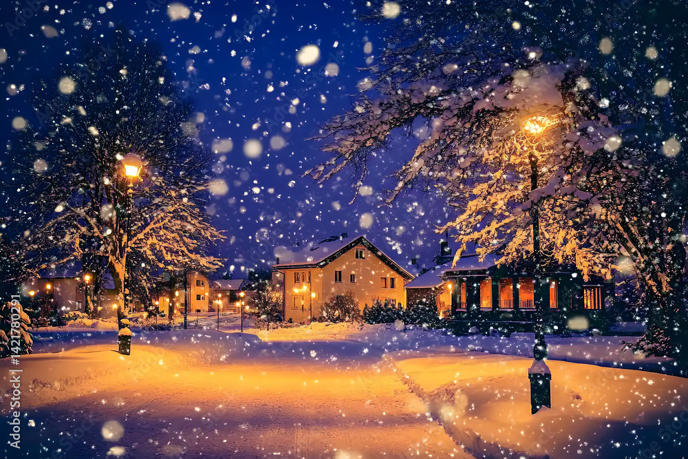 Naklejka premium Snowy Village Street at Night with Warm Lights and Falling Snow