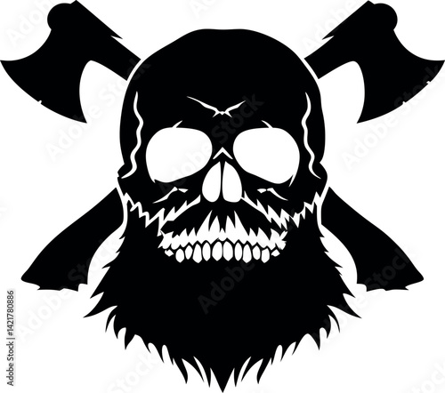 Skull with Axes, Black Silhouette, Bearded Skull, Spooky, Skull and Crossbones, Axe Detail