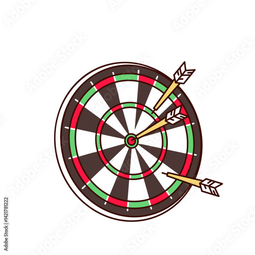 Groovy cartoon dartboard with dart hitting bullseye. Funny retro circle target with fail and excellence results. Sport, performance mascot, cartoon darts sticker of 70s 80s style vector illustration