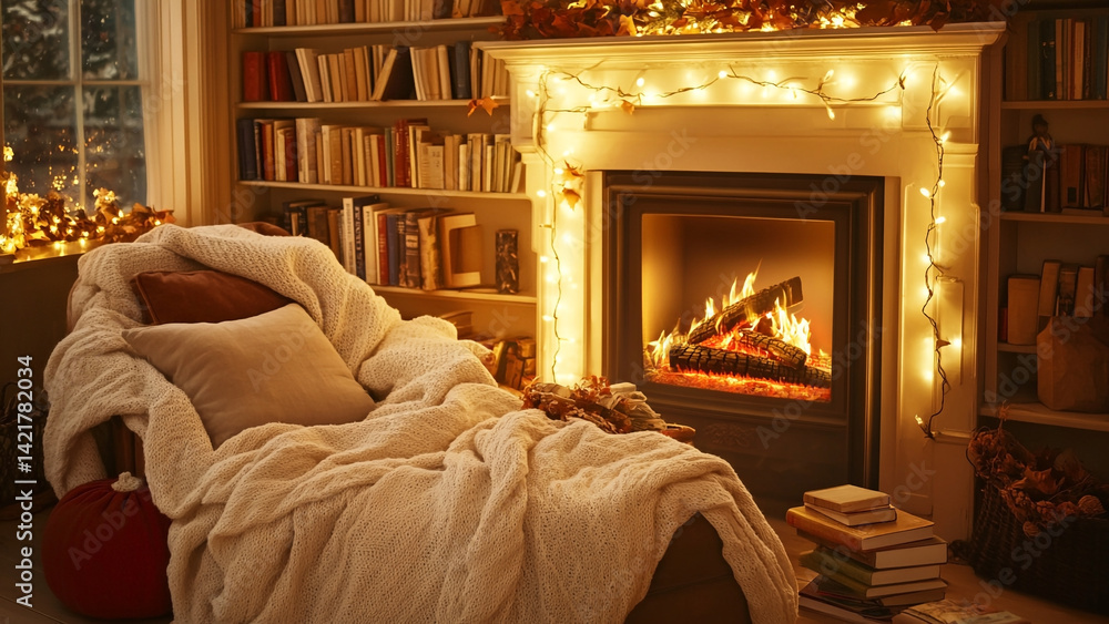Fototapeta premium Cozy Fireplace Scene Warm Knit Blanket BookLined Room and Golden Lights