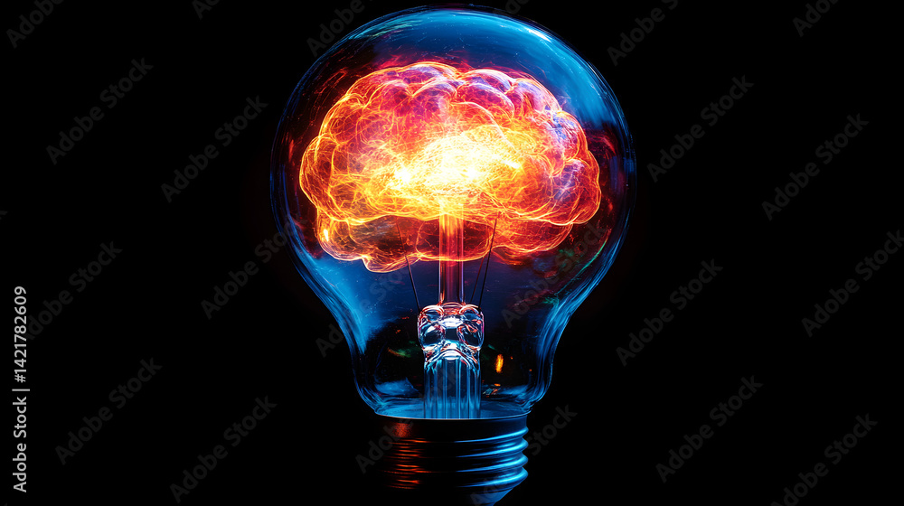 Bright lightbulb shaped like a brain glowing with vivid colors, symbolizing the birth of creative ideas and innovation