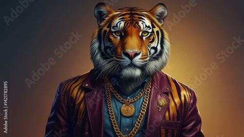 Animal Rapper Tiger with shiny glasses on eyes and Jacket and golden chains in neck, Abstracted Illustration Digital Art Hintergrund Background Cover photo