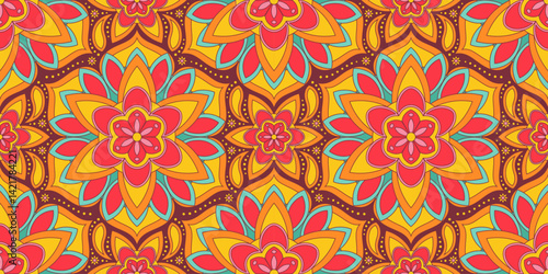 Seamless pattern with traditional Indian floral ornament for fabric swatch or wrapping paper. Vector abstract kaleidoscopic background