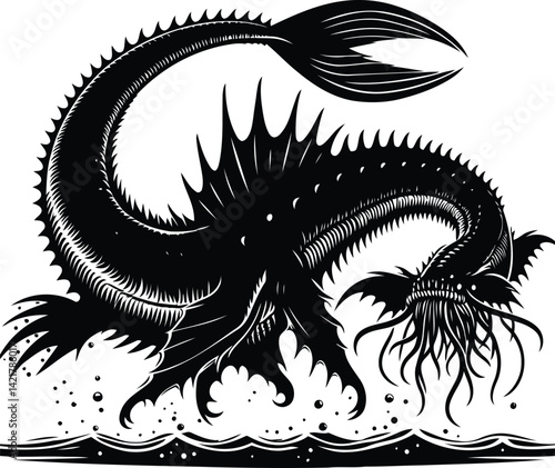 Leviathan Swimming Through Murky Ocean – Sea Monster in Deep Water Fantasy Scene
